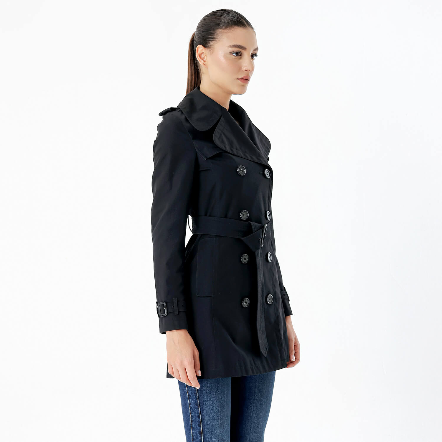 Burberry  - Black Cotton Double Breasted Trench Coat